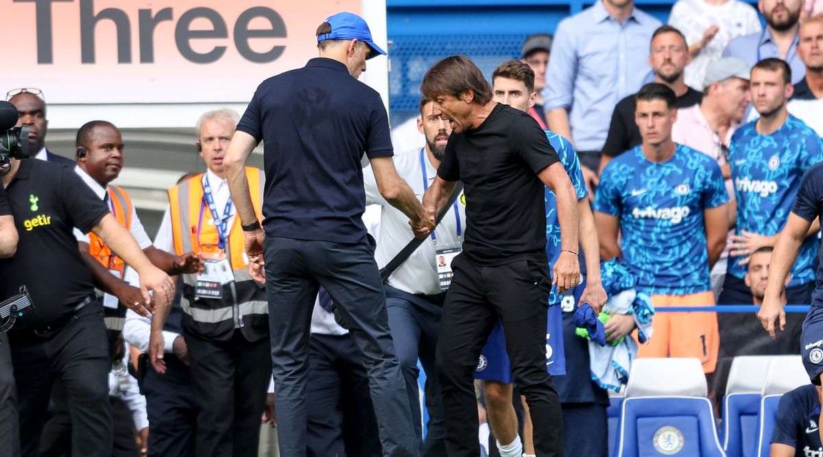 Head coaches Antonio Conte of Tottenham Hotspur and Thomas Tuchel of Chelsea had to be pulled apart at the end of their sides 2-2 draw and both received red cards from referee Anthony Taylor during the Premier League match between Chelsea and Tottenham Hotspur at Stamford Bridge on August 14, 2022 in London, England