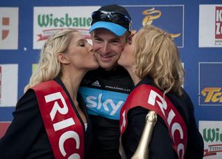 Ian Stannard (Sky) on the podium following his first professional victory.