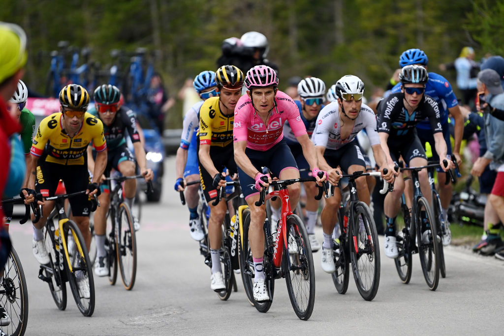 TRE CIME DI LAVAREDO ITALY MAY 26 LR Primo Rogli of Slovenia and Team JumboVisma Geraint Thomas of The United Kingdom and Team INEOS Grenadiers Pink Leader Jersey and Joo Almeida of Portugal and UAE Team Emirates White Best Young Rider Jersey compete during the 106th Giro dItalia 2023 Stage 19 a 183km stage from Longarone to Tre Cime di Lavaredo 2307m UCIWT on May 26 2023 in Tre Cime di Lavaredo Italy Photo by Tim de WaeleGetty Images