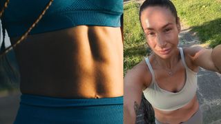 Image left, close up of woman with abs, image right, writer Sam taking a selfie in workout gear