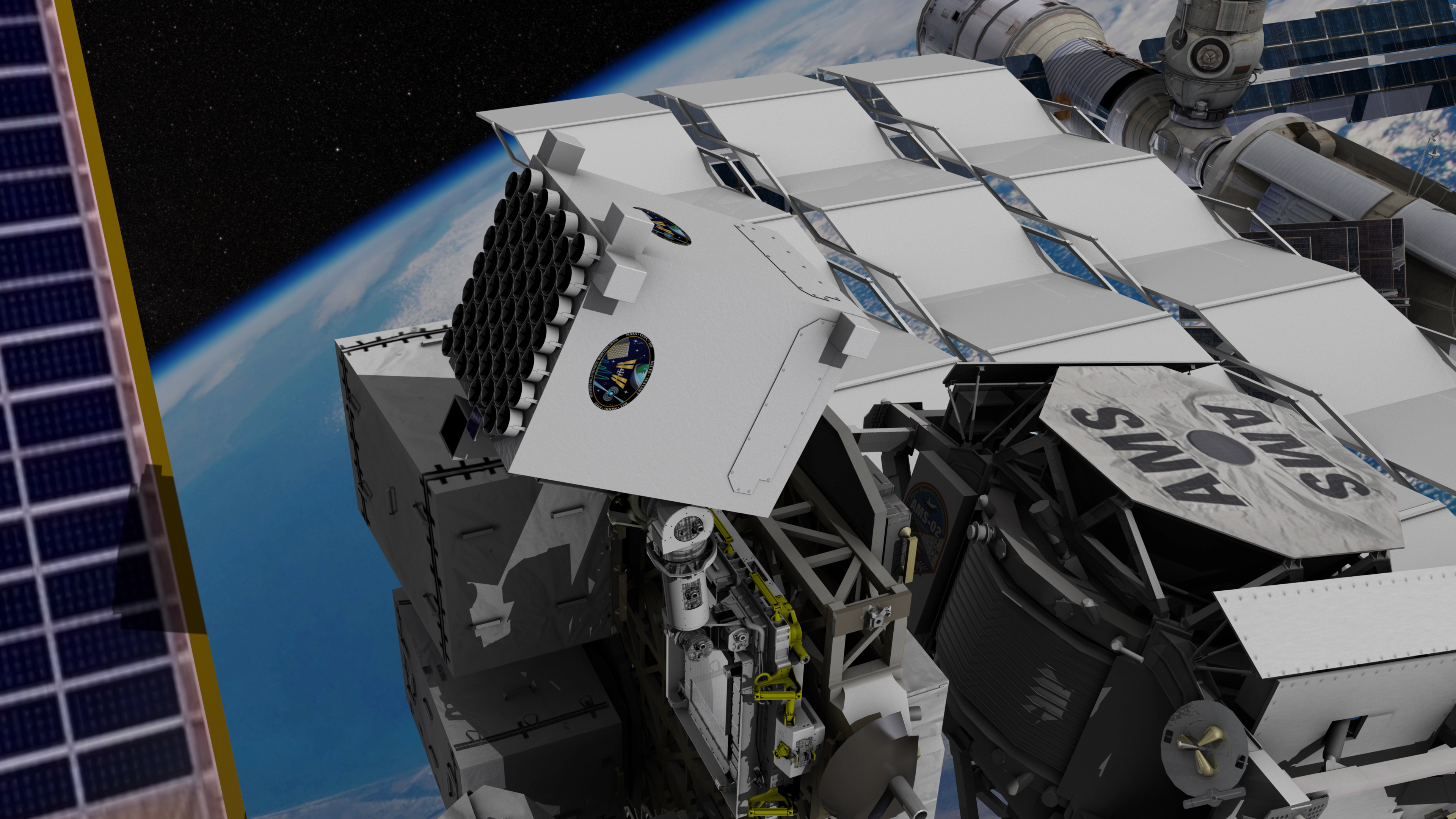 Ein kleines, mit weißem Metall überzogenes Teleskop fliegt an Bord der Internationalen Raumstation, im Hintergrund die Erde