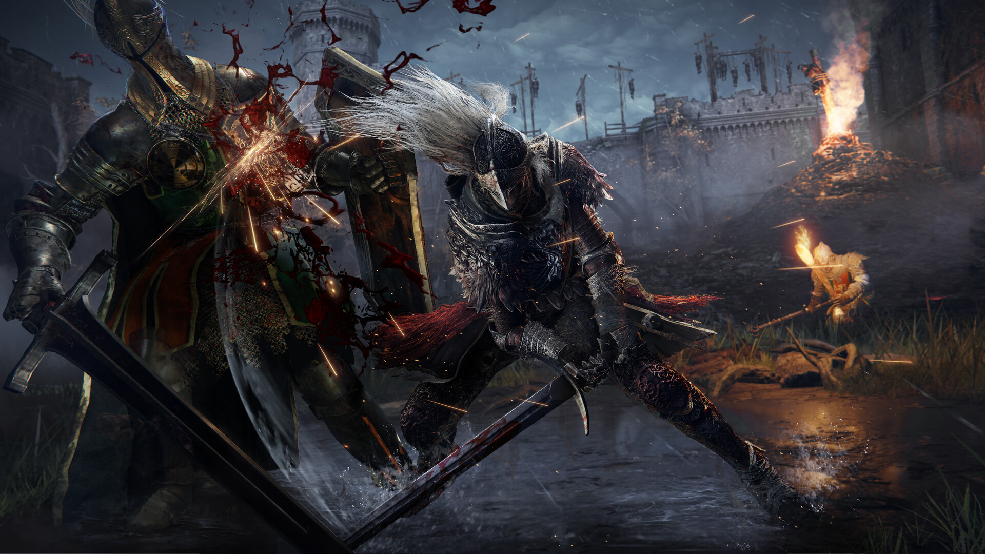 In Elden Ring, a tarnished warrior clashes in combat with a giant armored figure