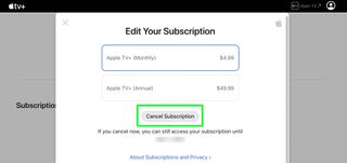 Cancel subscription pop up window on Apple TV Plus settings