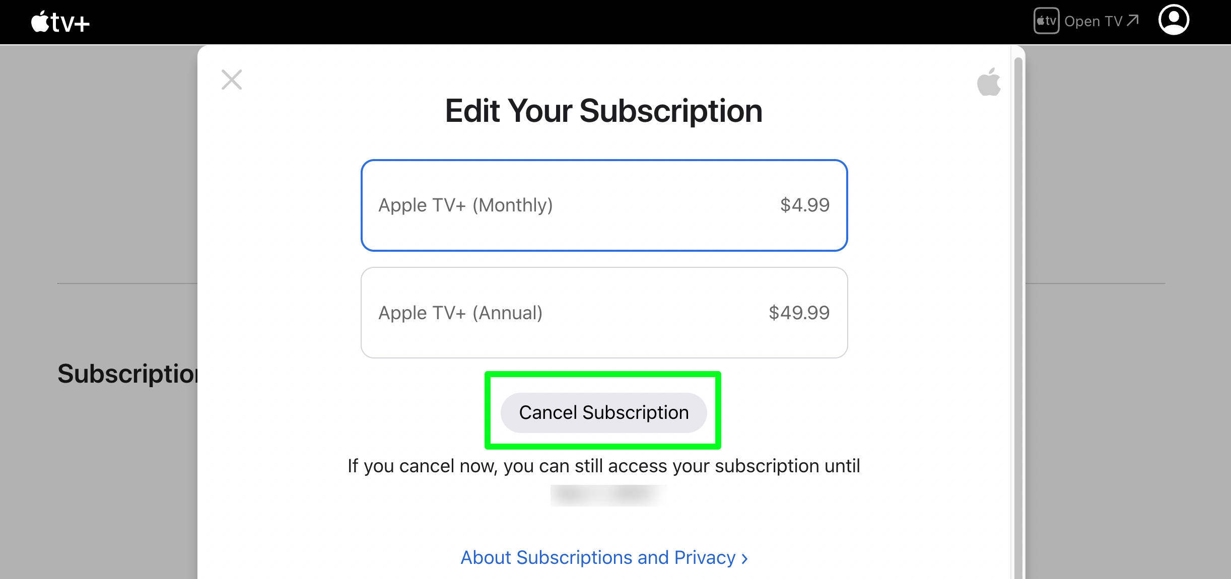 Cancel subscription popup in Apple TV Plus settings