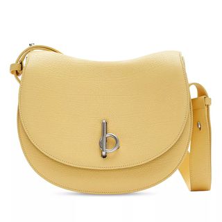 Burberry yellow leather saddle bag flap style silver clasp long strap handbag