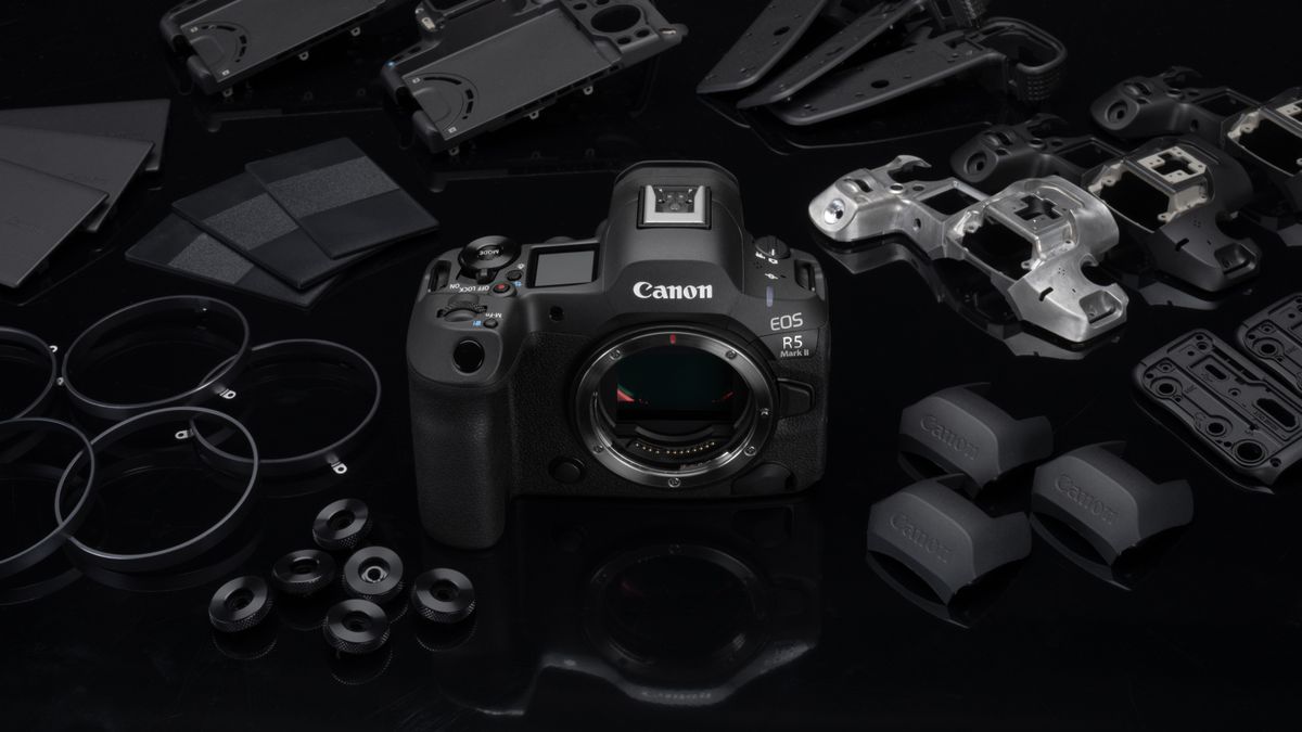 Canon EOS R5 Mark II camera surrounded by camera parts 