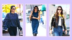 Kendall Jenner sunglasses: Kendall Jenner pictured in a three-picture template wearing pairs of black and brown rectangle sunglasses /in a purple template