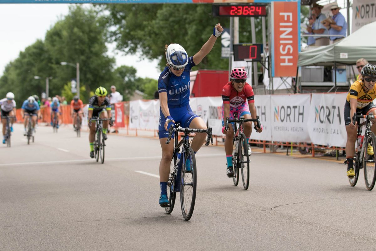 Ruth Winder (UnitedHealthcare Pro Cycling) celebrates the stage victory ahead of Emma White (Rally Cycling) and Marlies Mejias Garcia (Weber Shimano Ladies Power).