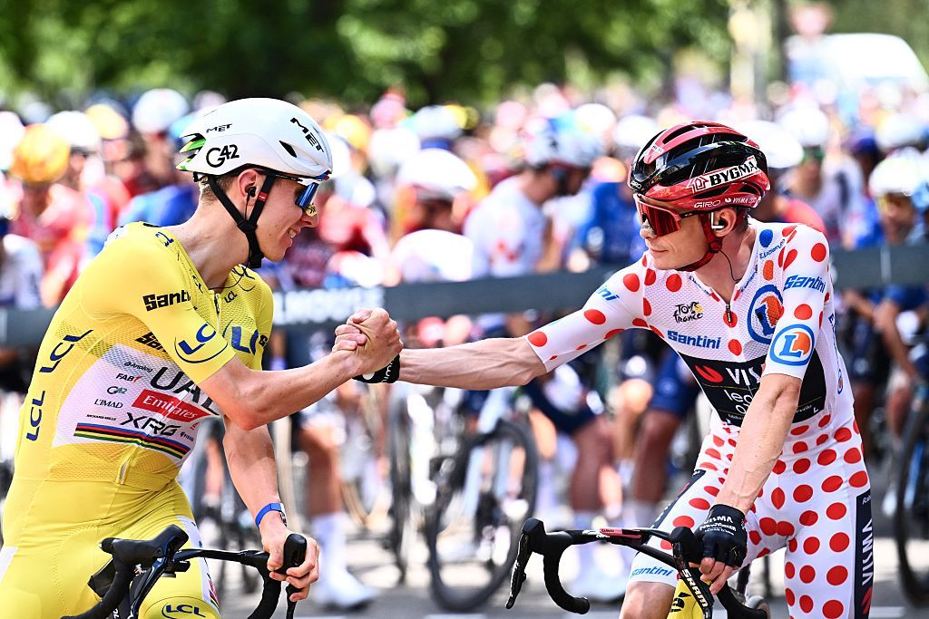 Slovenian Tadej Pogacar of UAE Team Emirates XRG and Danish Jonas Vingegaard of Team Visma-Lease a Bike are pictured before stage 14 of the 2026 Tour de France cycling race, a stage of 155km from Mulhouse to Le Markstein Fellering, on Saturday 18 July 2026. The 113th edition of the Tour de France starts on Saturday 4 July in Barcelona, Spain, and will finish in Paris, France on the 26th of July. BELGA PHOTO POOL GREGORY VAN GANSEN (Photo by POOL GREGORY VAN GANSEN / BELGA MAG / Belga via AFP)