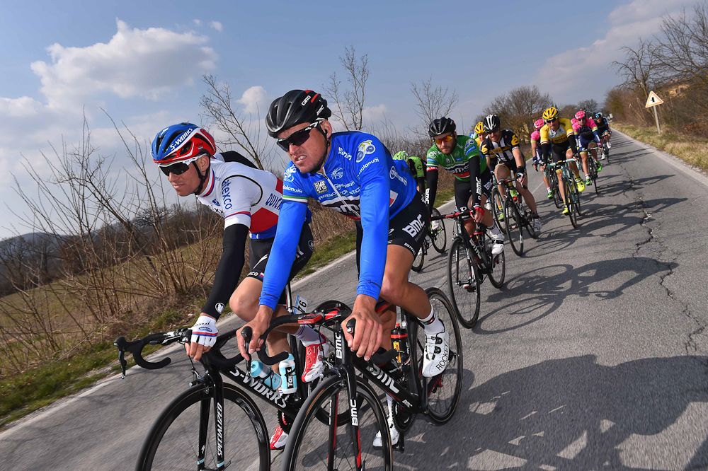 Greg Van Avermaet riding in the race leader's jersey.