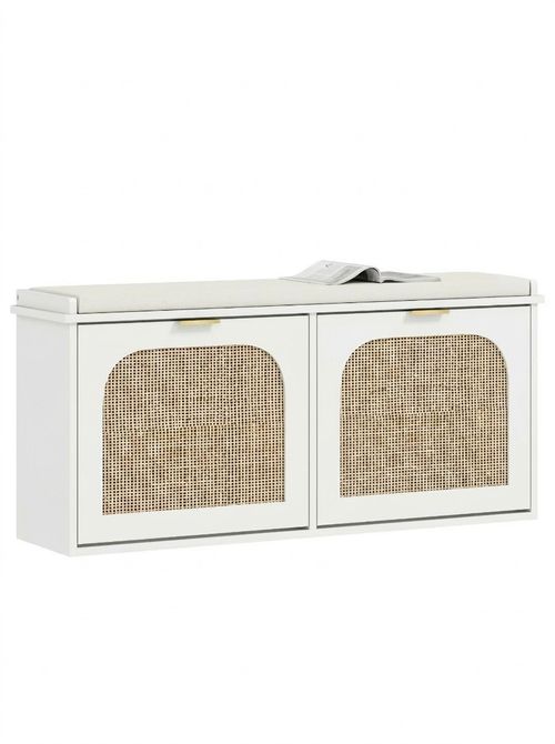 Boho Shoe Bench With Padded Seat and 2 Flip-Drawers