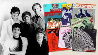 The Zombies in 1967, next to a composite picture of Time Of The Season 7" singles