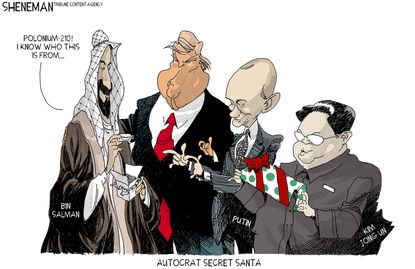 Political cartoon U.S. autocrat secret santa polonium-210 Mohammed bin Salman Trump Vladimir Putin Kim Jong Un