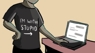 Conceptual cartoon illustration. Person beside a laptop wears a t-shirt saying 'I'm with stupid' pointing to the laptop with what looks like a chatbot conversation open on the screen.