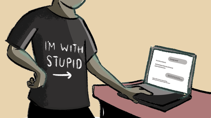 Conceptual cartoon illustration. Person beside a laptop wears a t-shirt saying &#039;I&#039;m with stupid&#039; pointing to the laptop with what looks like a chatbot conversation open on the screen.