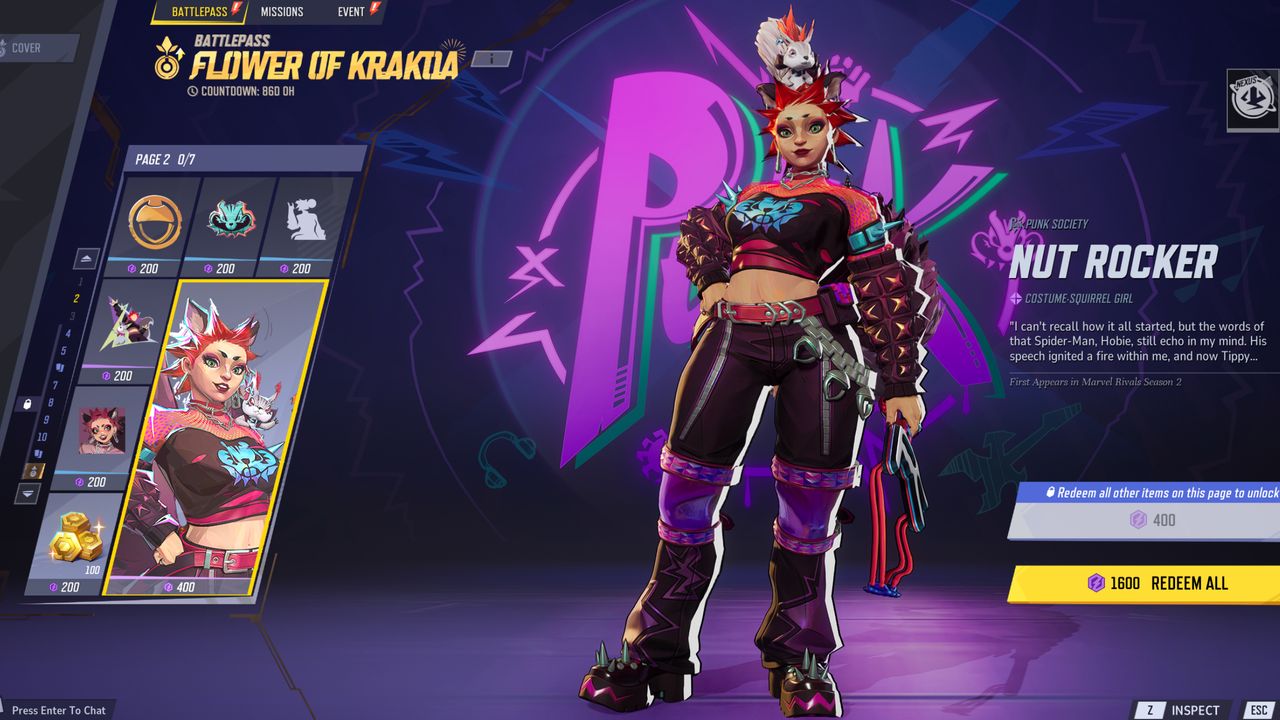 Marvel Rivals Season 2 skins - Squirrel Girl's Nut Rocker costume.