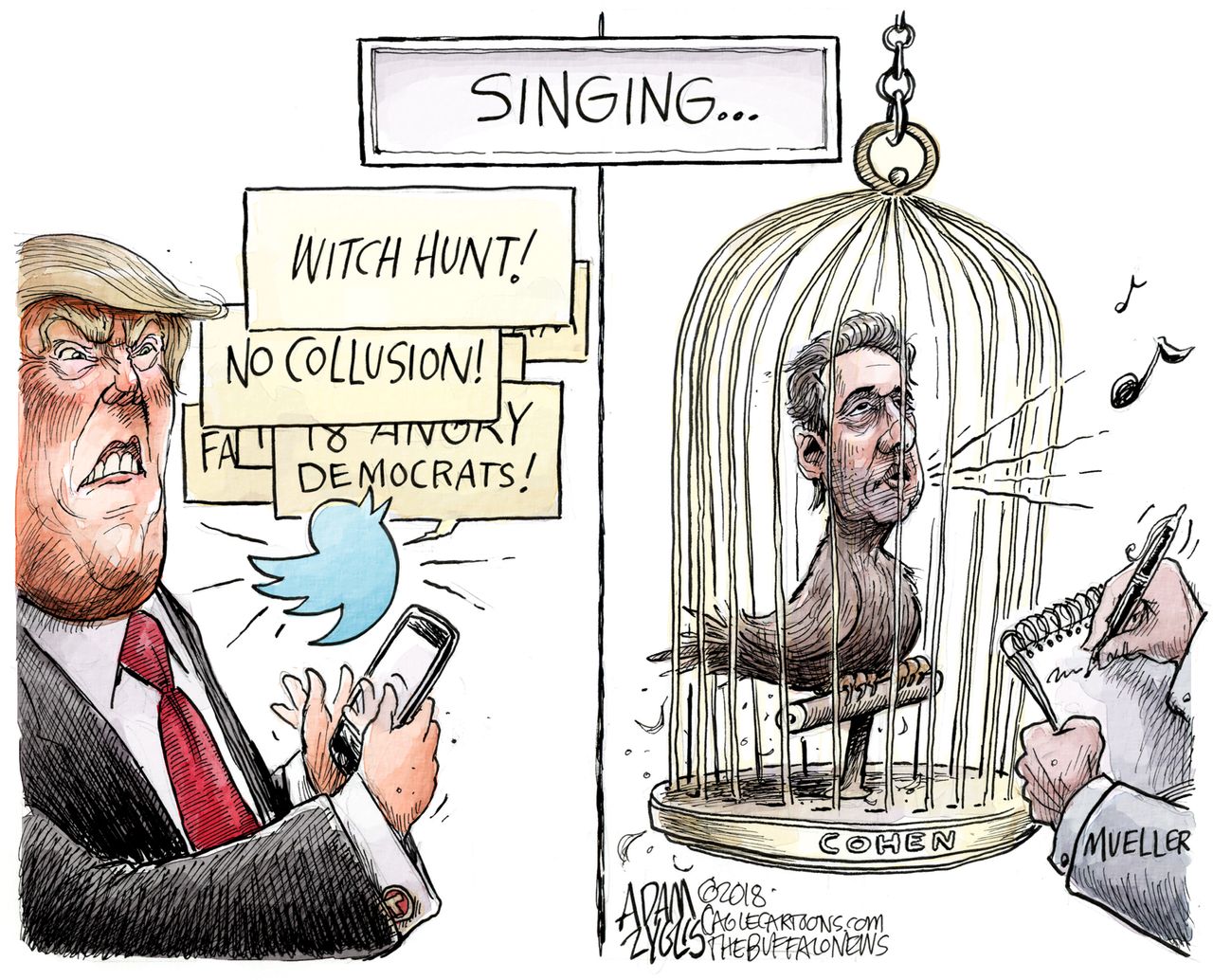 Political cartoon U.S. Trump Michael Cohen Russia investigation Mueller probe bird sing social media twitter