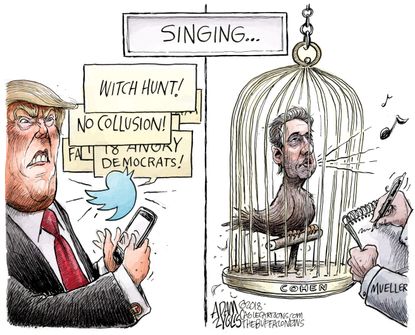 Political cartoon U.S. Trump Michael Cohen Russia investigation Mueller probe bird sing social media twitter