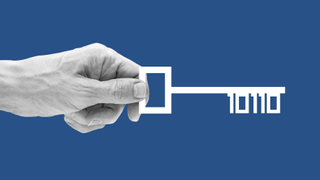 A black and white hand holding a drawing of a white, square-handled key. Instead of teeth, the key has the number "10110" representing binary code and encryption. The hand and key are set against a solid blue background.