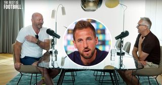 Alan Shearer and Gary LIneker chatting on the Rest Is Football podcast with an inset image of Harry Kane speaking during an England press conference