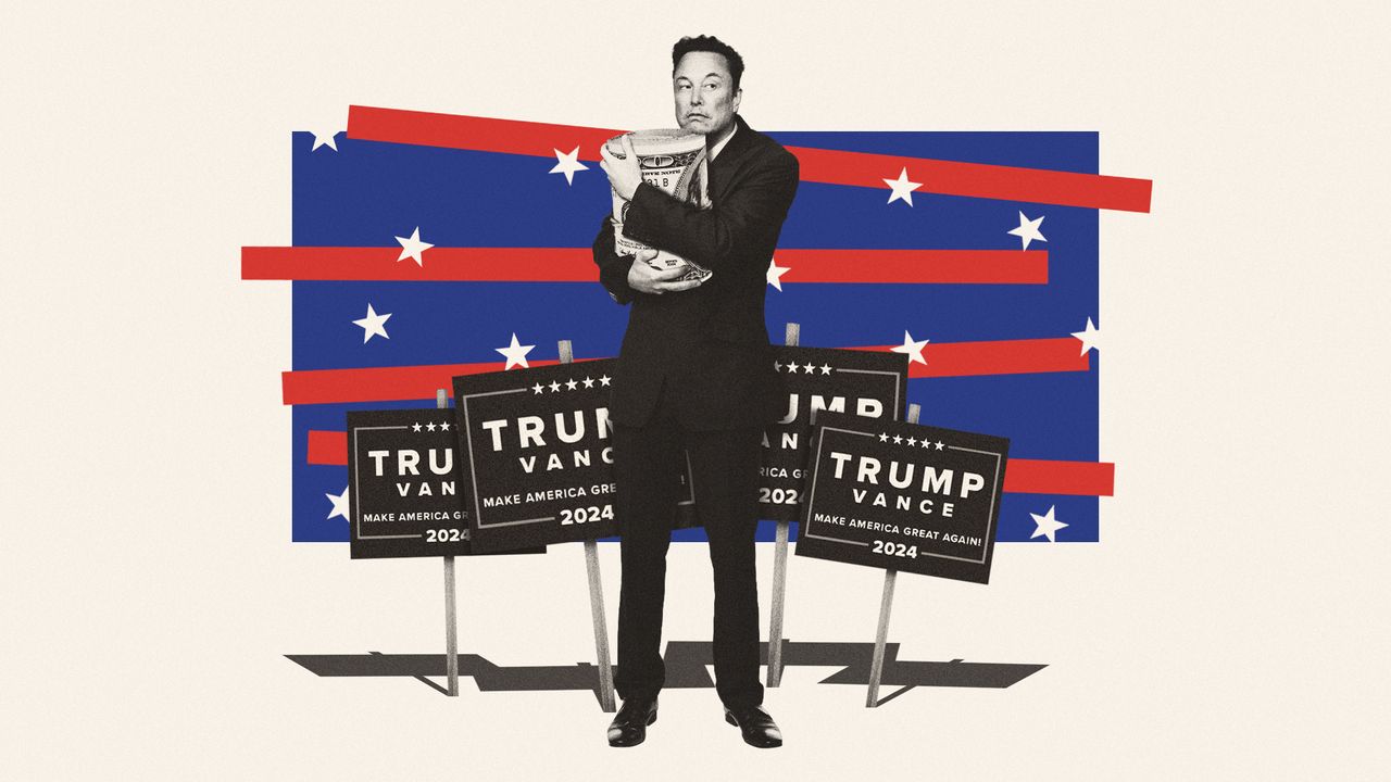 Illustration of Elon Musk holding a roll of money and standing in front of Trump-Vance signs