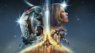 Starfield key art, showing Vasco, a robotic Starfield companion, a shuttle taking flight, and a series of human characters, one wearing an astronaut-style spaceflight helmet.