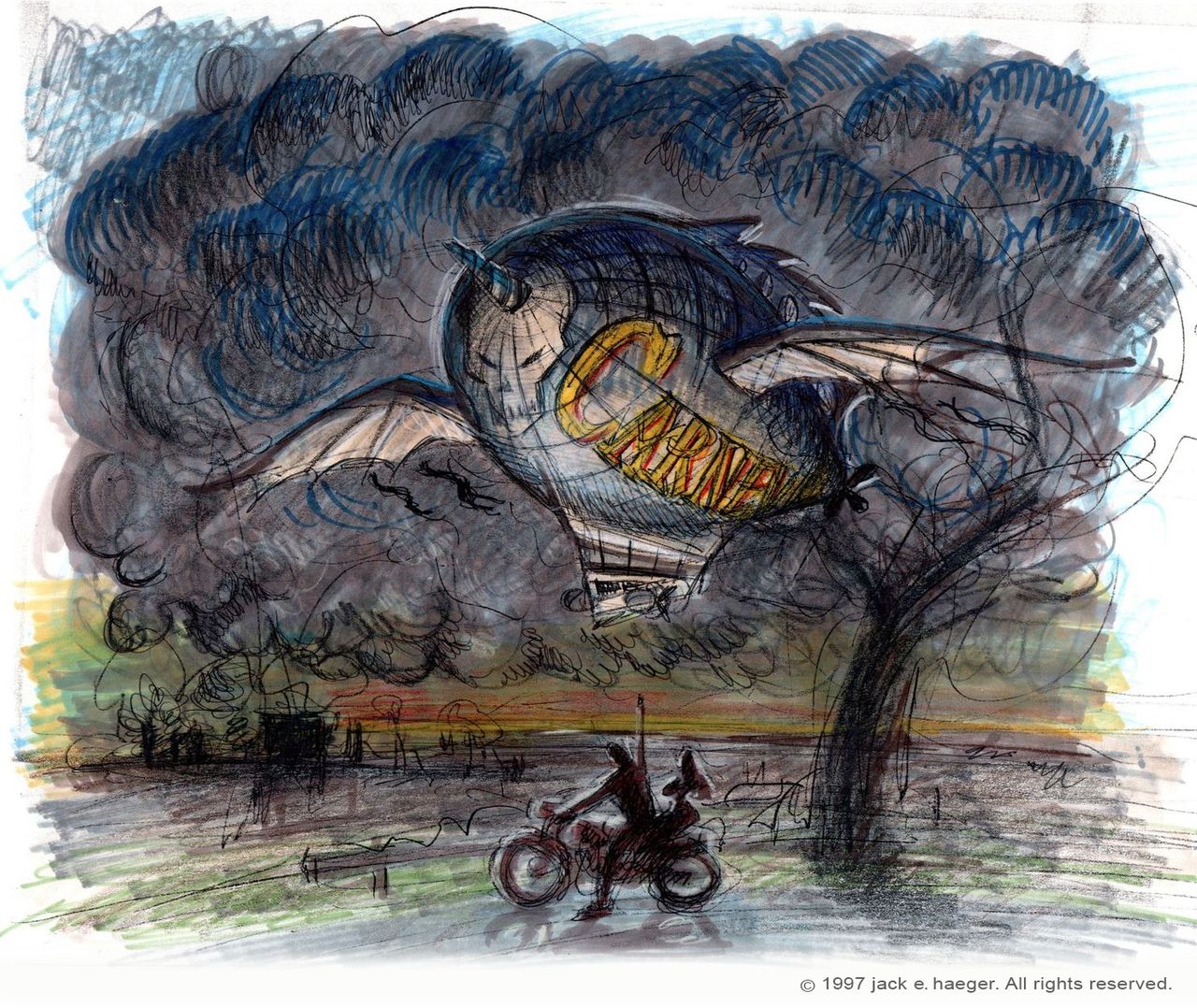 Concept art of a Tokkentakker's zeppelin looming overhead while a figure on a bike points in disbelief.