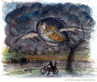 Concept art of a Tokkentakker's zeppelin looming overhead while a figure on a bike points in disbelief.