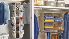 2 x Walmart closet organizers, one a vertical hanging organizer for shoes, caps, purses and more, the other a hanging cube organizer with four shelves and a rod at the bottom