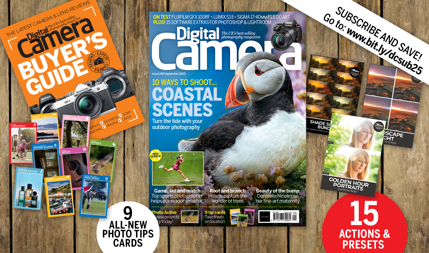 Front cover of issue 298 (September 2025) of Digital Camera magazine and images showing the highlights of the bonus gifts included with the magazine – nine photo tips cards, 3 tutorial videos, 15 software extras and an ebook
