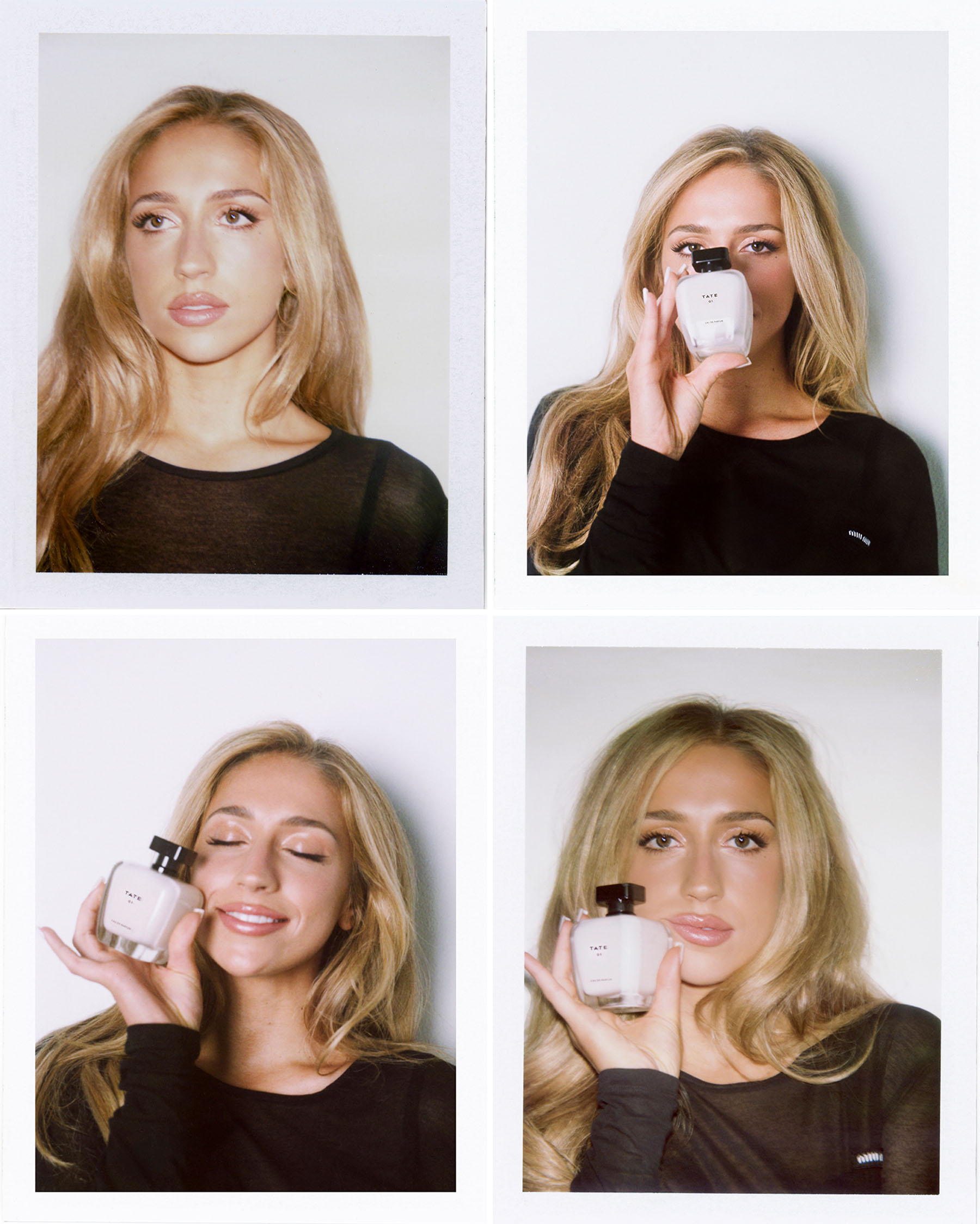 Tate McRae holding a bottle of her new fragrance.