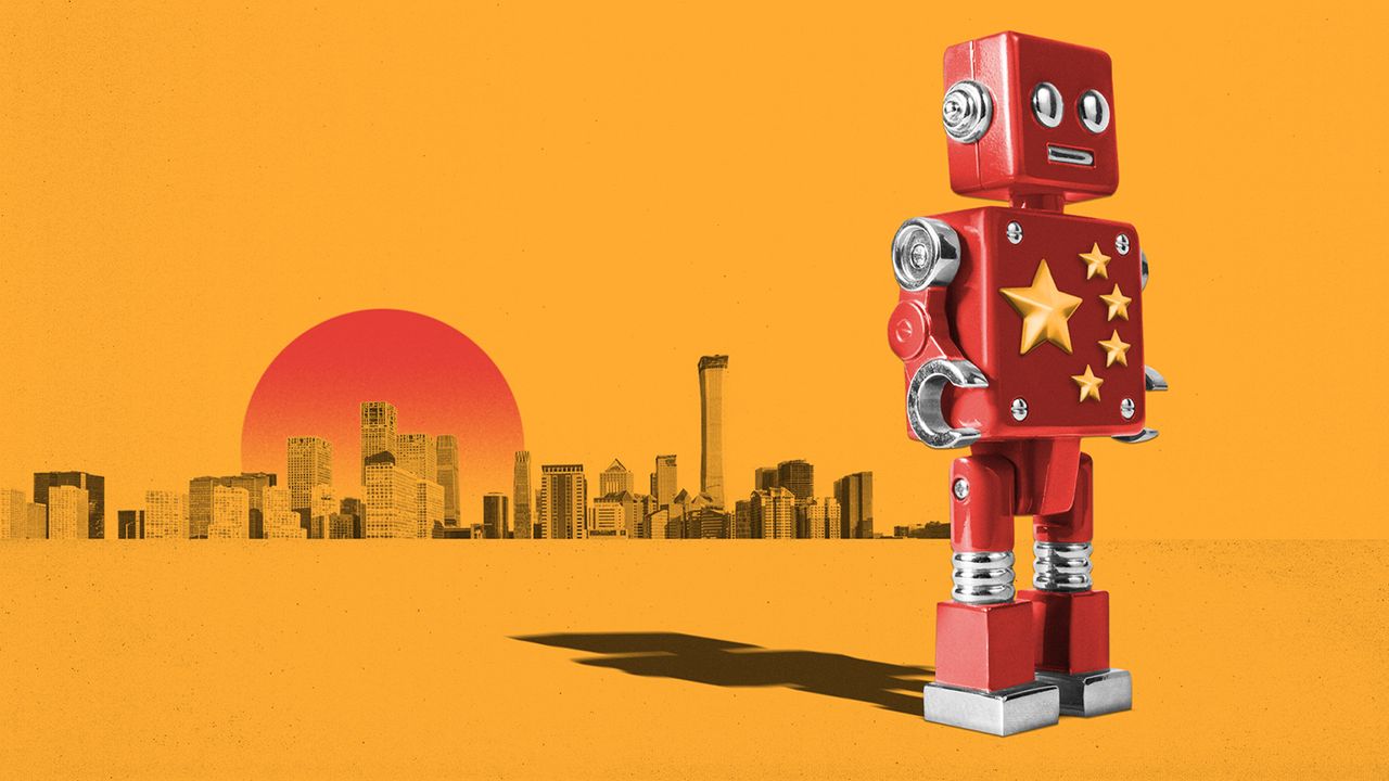 Robot next to city skyline