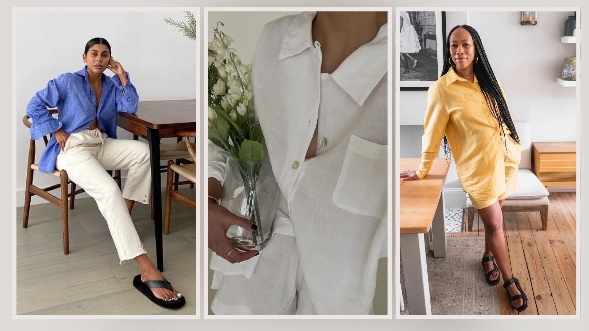 @monikh, @dawn.tan, @thandimaq wearing linen shirts with trousers and shorts