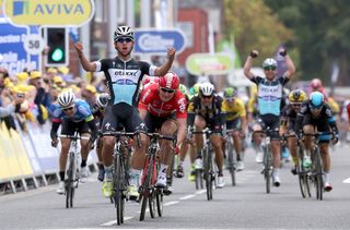 Fernando Gaviria wins his stage at the Tour of Britain last year