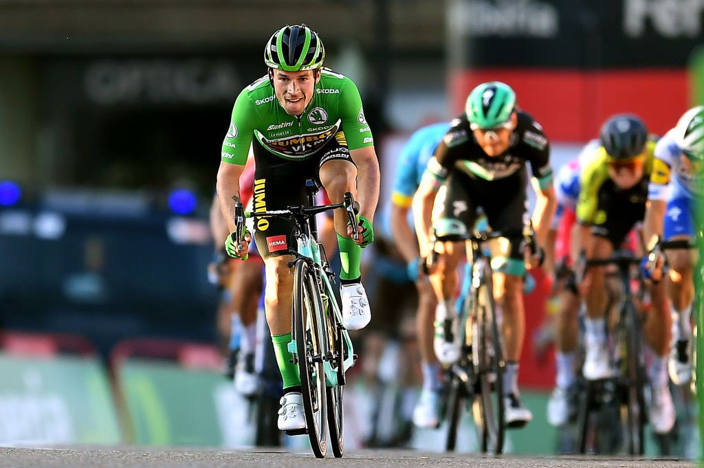 SUANCES SPAIN OCTOBER 30 Sprint Arrival Primoz Roglic of Slovenia and Team Jumbo Visma Green Points Jersey Andrea Bagioli of Italy and Team Deceuninck QuickStep Felix Grobschartner of Austria and Team BORA Hansgrohe during the 75th Tour of Spain 2020 Stage 10 a 185km stage from Castro Urdiales to Suances lavuelta LaVuelta20 La Vuelta on October 30 2020 in Suances Spain Photo by Justin SetterfieldGetty Images