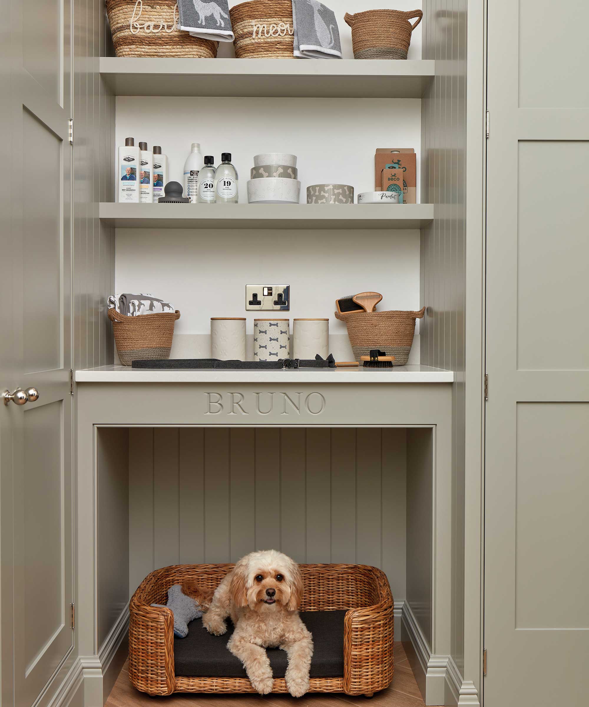 fitted green boot room with built-in dog bed