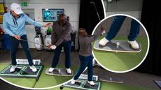 Ben Emerson in the game changer clinic helping an amateur golfer with a common short game problem, using a weight distribution drill and a seesaw board