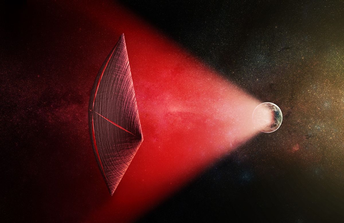 Artist&#039;s illustration of a light sail powered by a radio beam (red) generated on the surface of a planet. The leakage from such beams as they sweep across the sky would appear as superbright light flashes known as fast radio bursts, according to a new stu