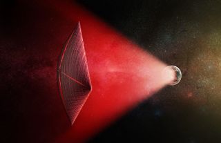 Artist's illustration of a light sail powered by a radio beam (red) generated on the surface of a planet. The leakage from such beams as they sweep across the sky would appear as superbright light flashes known as fast radio bursts, according to a new stu