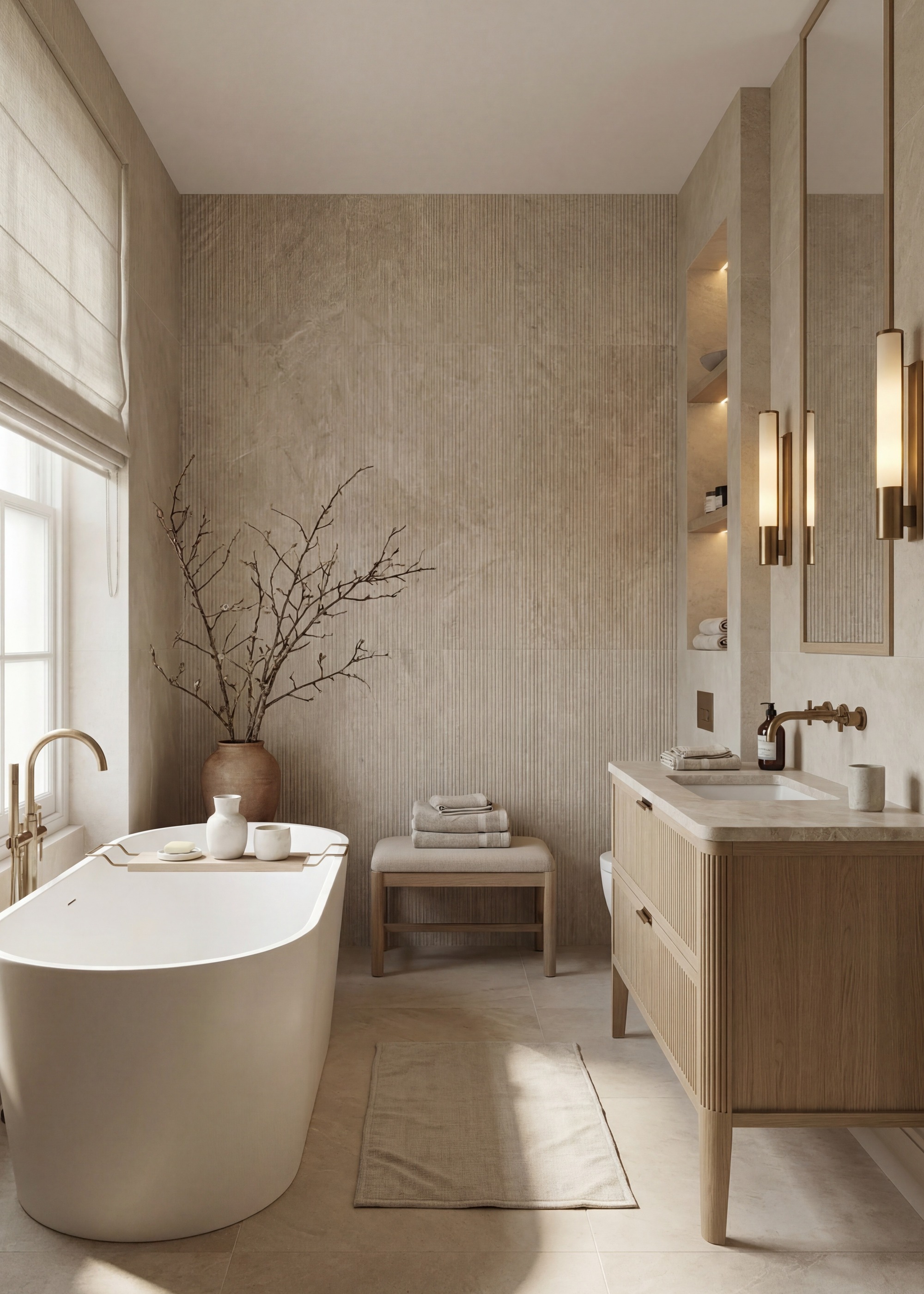 a beige bathroom with freestanding bath, textured wall tiles and a tiled floor