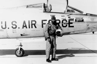 U.S. Air Force Maj. Robert Henry Lawrence Jr. standing next to an F-104 Starfighter.