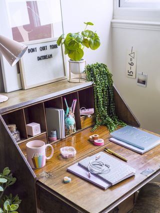 wooden desk with pretty stationary and house plants