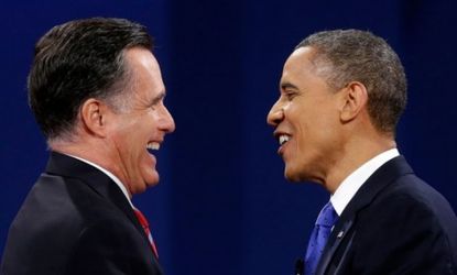 Old chums: Mitt Romney and President Obama meet at the end of their last debate on Oct. 22.