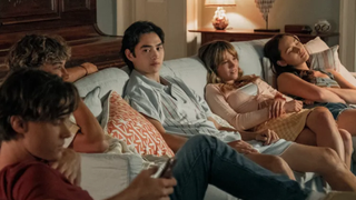 [From left] Conrad (played by Christopher Briney), Jeremiah (Gavin Casalegno), Steven (Sean Kaufman), Taylor (Rain Spencer) and Belly (Lola Tung) hanging out in "The Summer I Turned Pretty" s3