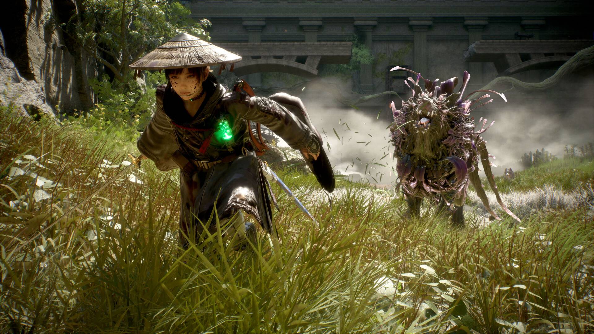 Beast of Reincarnation screenshot shows Emma running forward to the camera, a creature behind her.