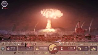 An atom bomb exploding near a city