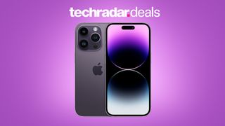 Apple iPhone 14 Pro on light purple background with 'TechRadar deals' text