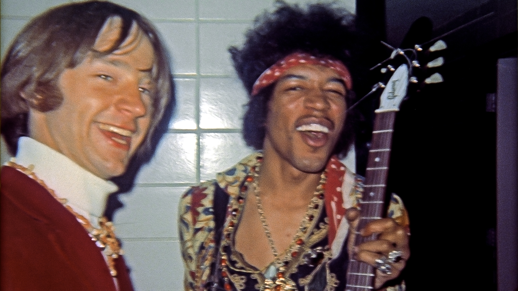 Peter Tork (left) and Jimi Hendrix photographed on the 1967 tour with Hendrix opened for the Monkees