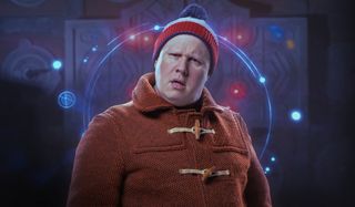 Doctor Who Nardole looks confused in front of a glowing wall