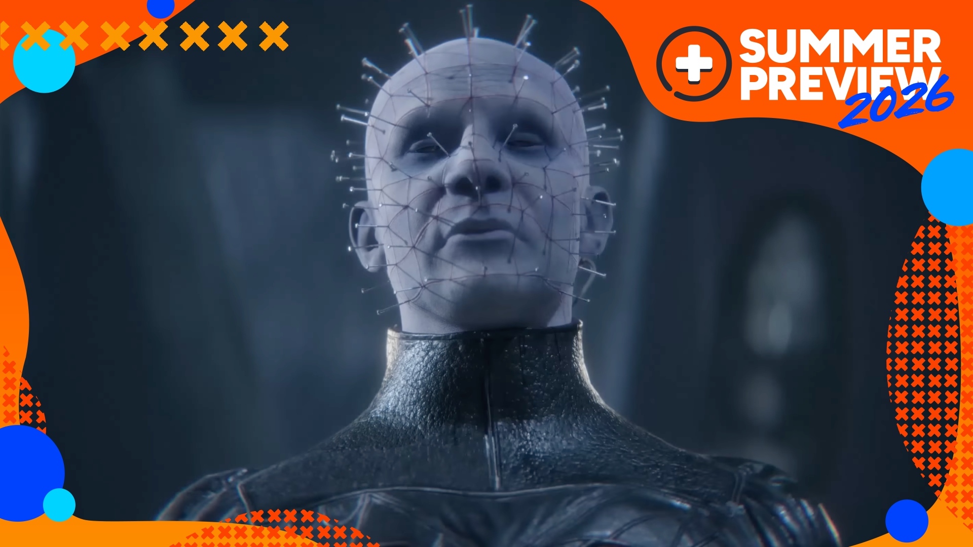 Orange GamesRadar+ Summer Preview border highlights a screenshot of Pinhead looking smug